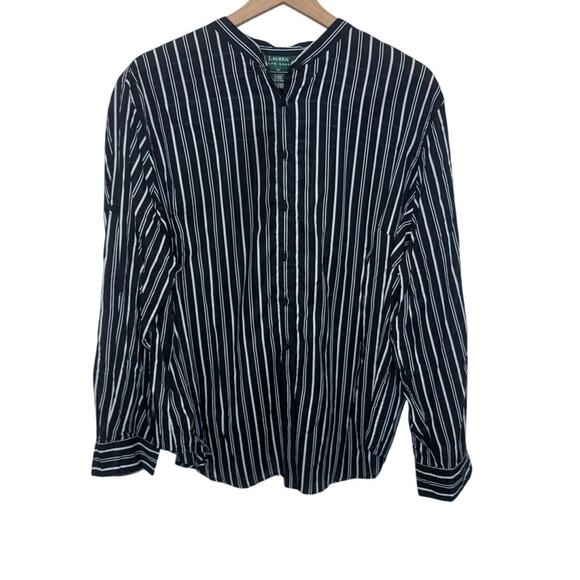 RALPH LAUREN Women's PLUS 2X Cotton Striped Knot Button Top Black White Preppy - Picture 1 of 14